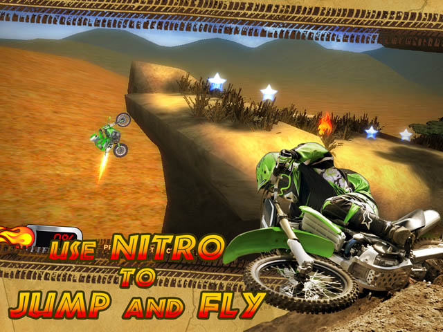 Trial Motorbikes Savanna Stars Скриншот и Подсказка 3. Используй нитро-ускорение, чтобы перепрыгивать и перелетать препятствия!