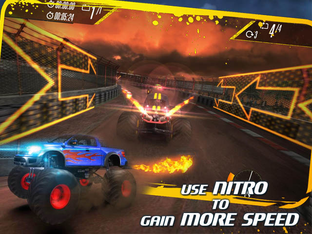 Insane Monster Truck Racing Скриншот и Подсказка 1. Используй нитро-ускорение, чтобы получить максимальную скорость!
